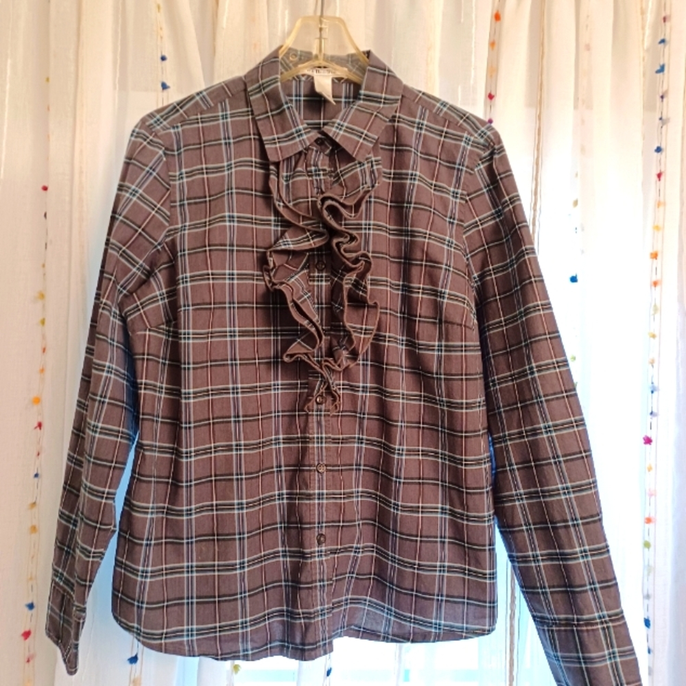 G H Bass & CO Women's   Gray and Blue Plaid and Ruffle Blouse Size L